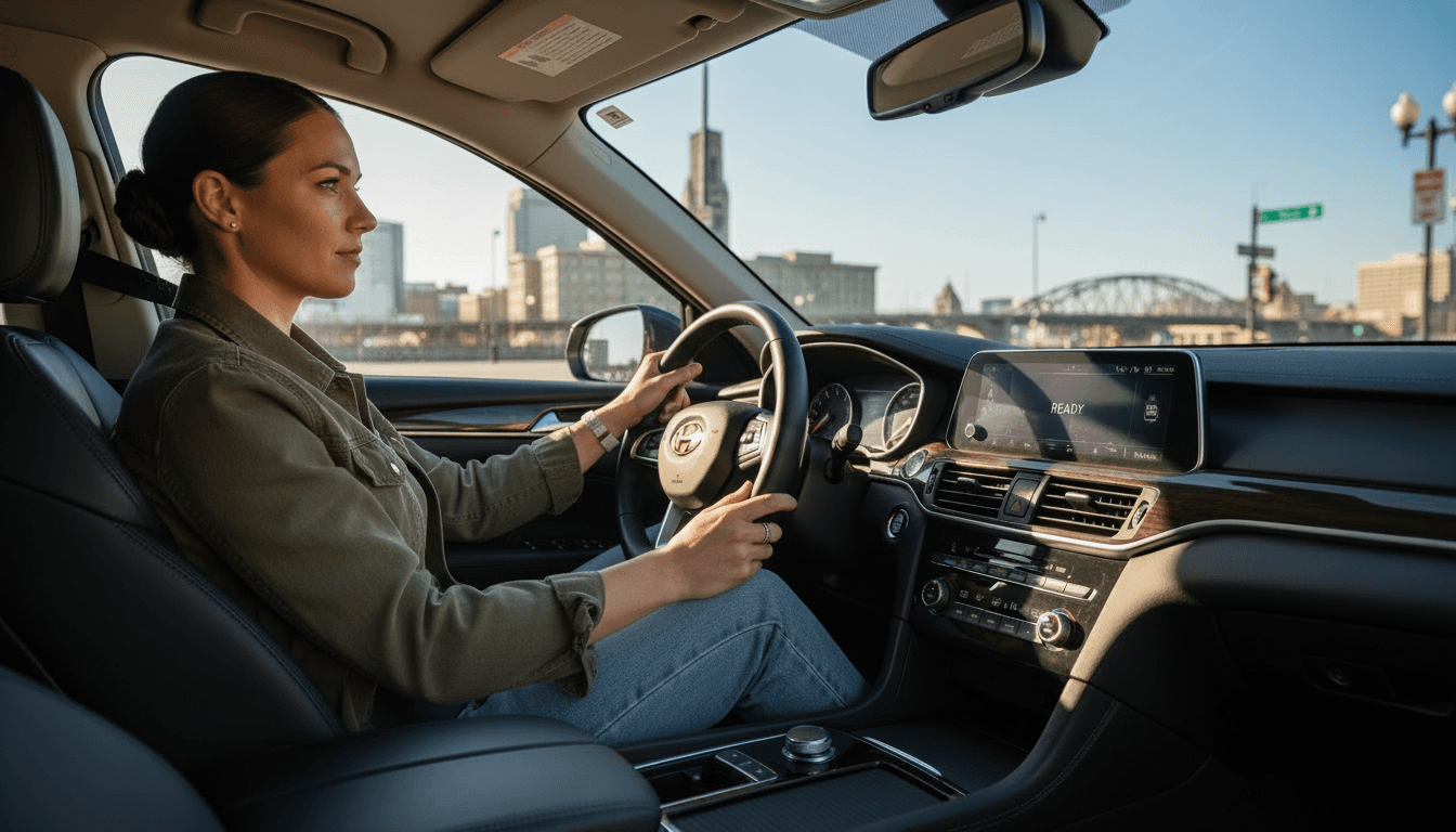 Woman in olive jacket driving a car with a city skyline and bridge in background.