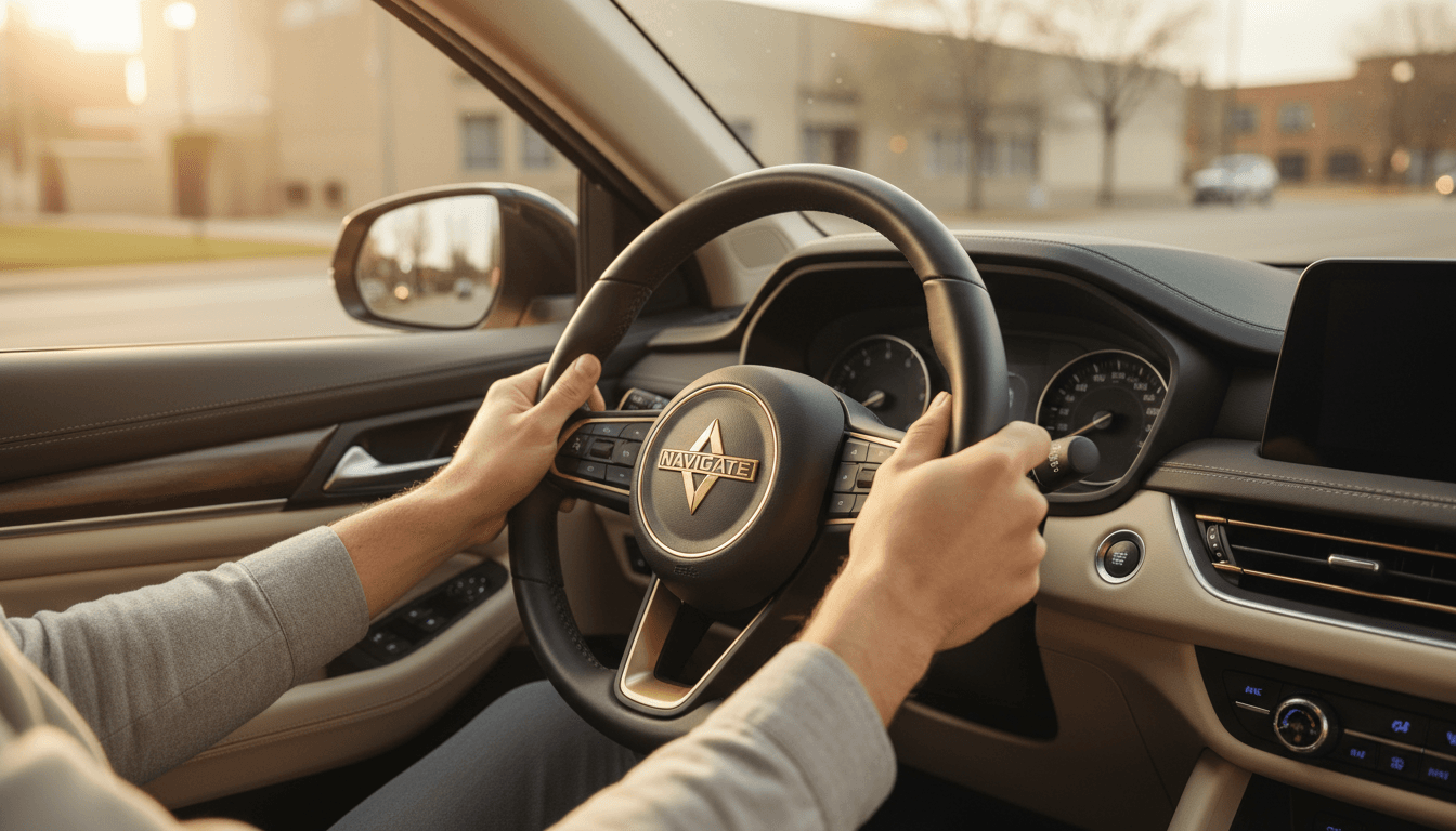 Clean vehicle interior with driver hands on steering wheel