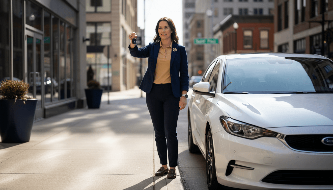 Rideshare driver holding keys beside a clean NorthStar Fleet vehicle