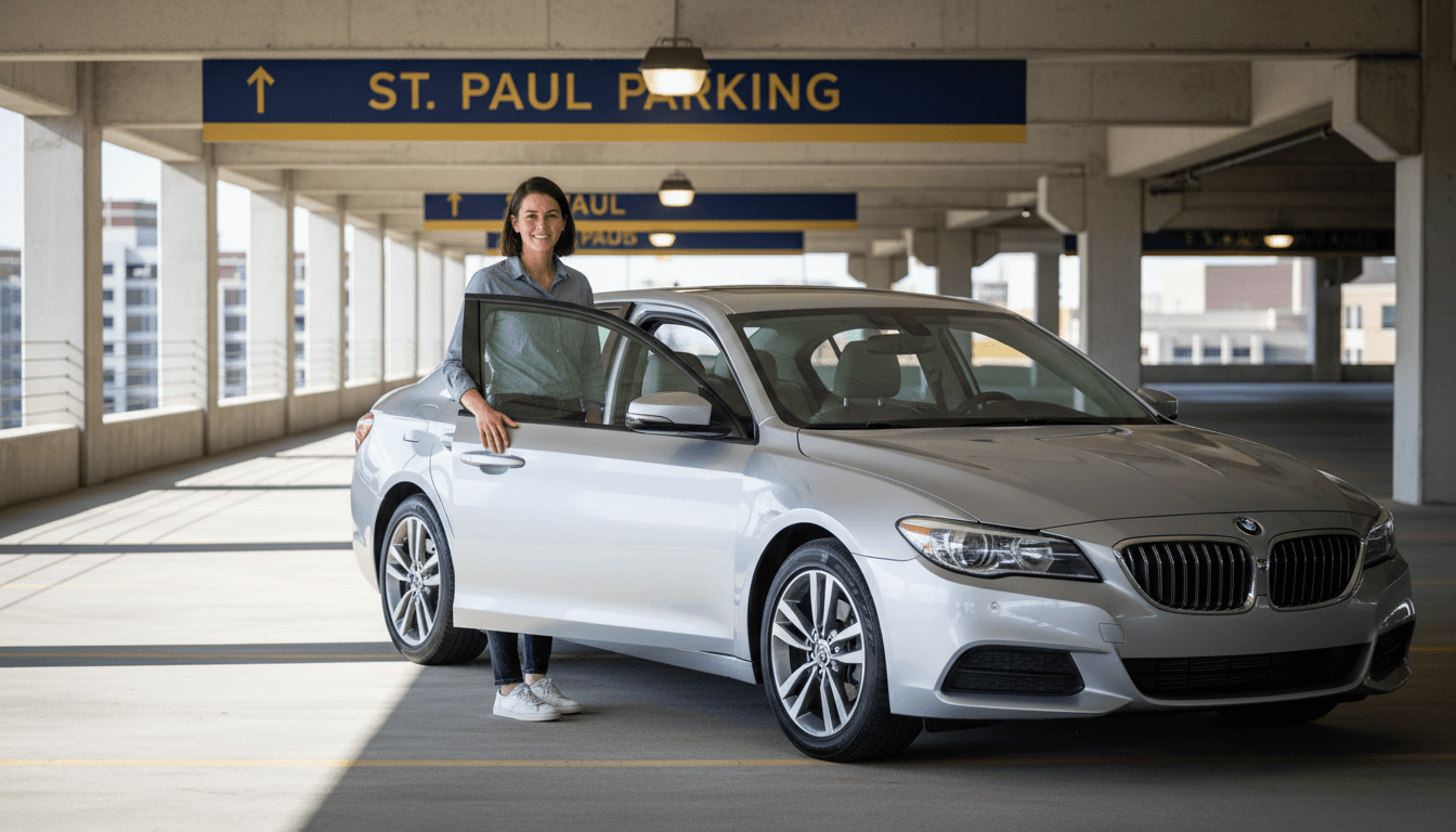 Gig driver standing confidently next to clean rental vehicle in Saint Paul